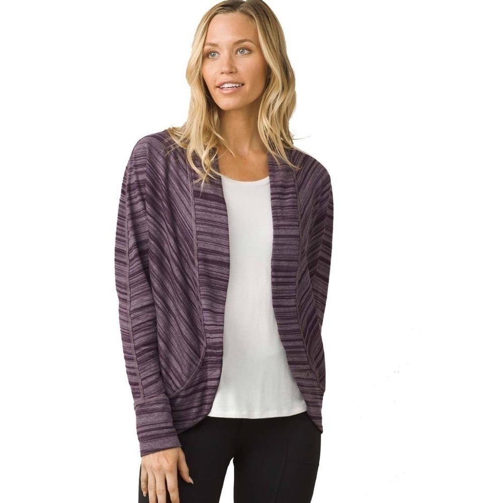 Prana Paradiso Cocoon Cardigan Sweater Purple Striped Open Front Small